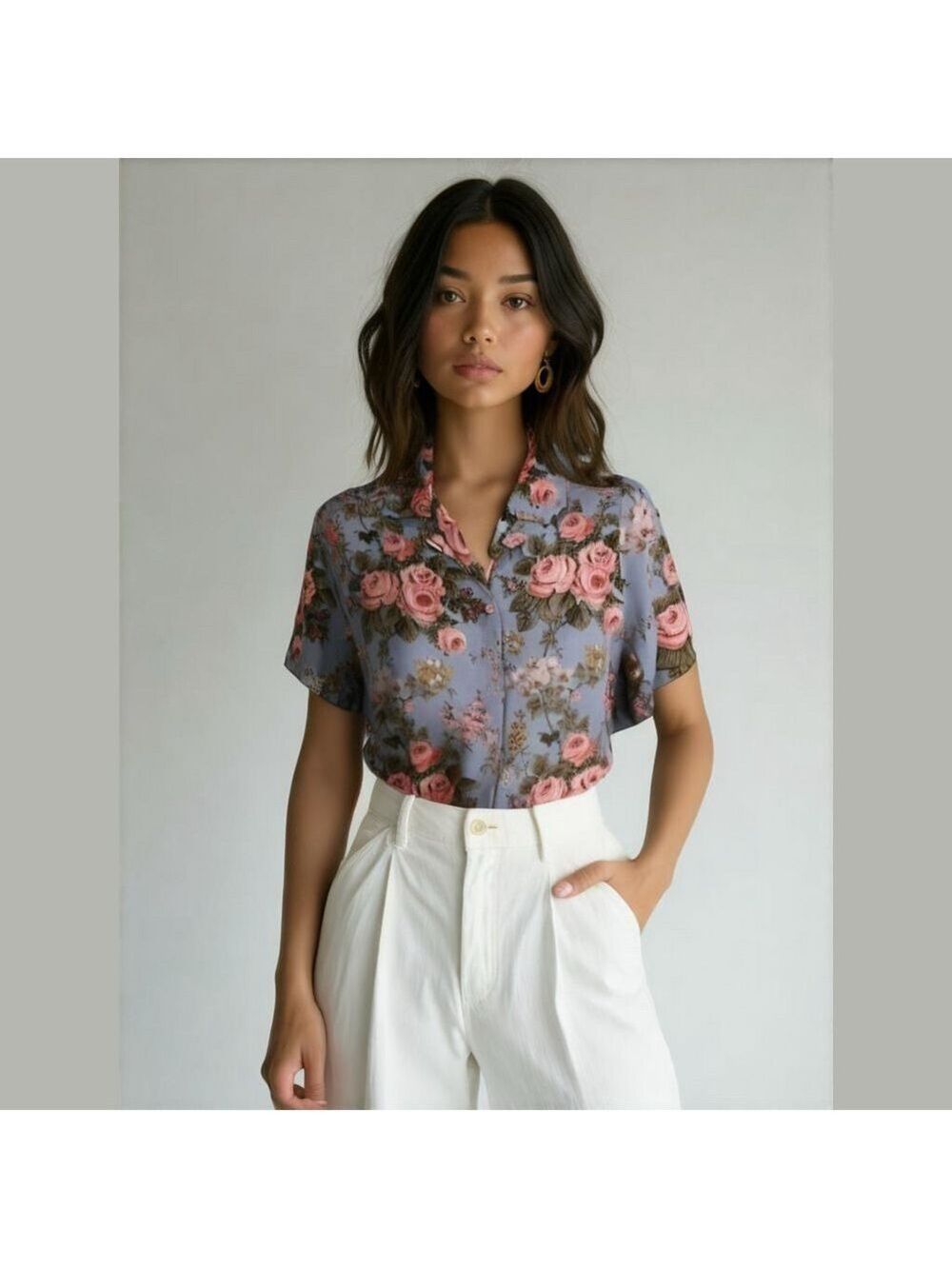 Vintage Ladies Floral Shirt with Rose Print Blouse • short sleeve